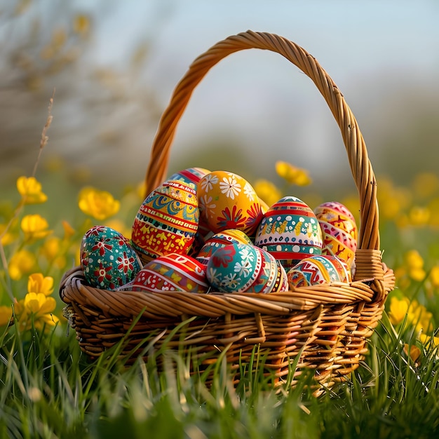 Ein Korb mit bunten Ostereiern mit traditionellen Mustern von hoher Qualität