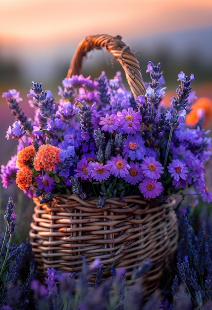 Ein Korb mit einem Bouquet aus Lavendel und Gänseblümchen auf dem Feld bei Sonnenuntergang