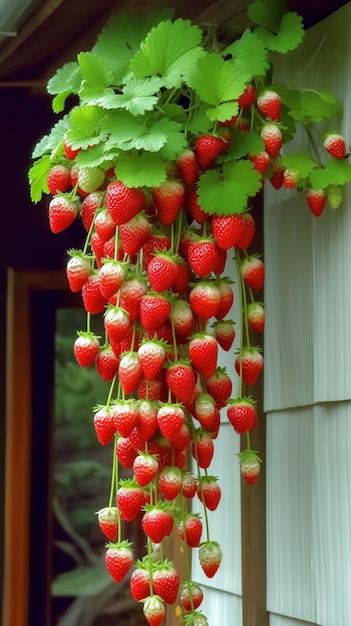 Ein Korb mit Erdbeeren, der an einem Spalier hängt