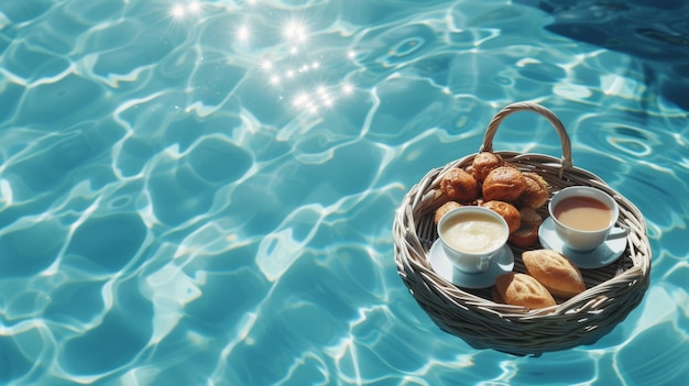 ein Korb mit Essen, das im Schwimmbad auf blauem Wasser schwebt, Ferien- und Flitterwochenkonzept