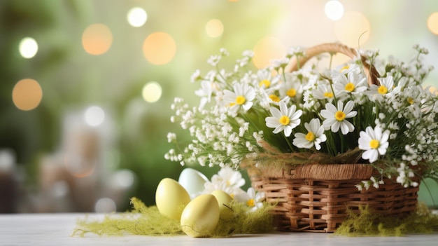 Ein Korb mit frischen Gänseblümchen und geschmückten Ostereiern auf einer Holzfläche