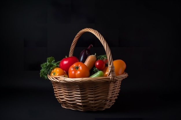Ein Korb mit Gemüse auf schwarzem Hintergrund