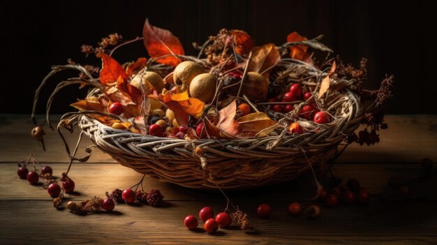 Ein Korb mit Herbstblättern und Beeren auf einem Holztisch.