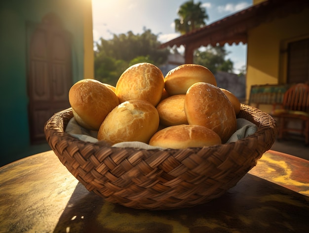 Ein Korb mit Käsebrot auf einem Tisch Brasilianischer Pao de Queijo-Snack