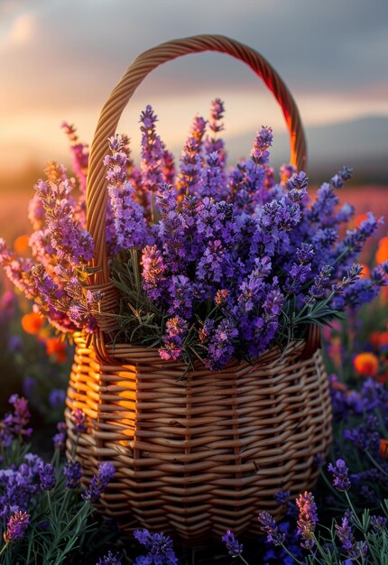 Ein Korb mit Lavendel im Sonnenuntergangslicht