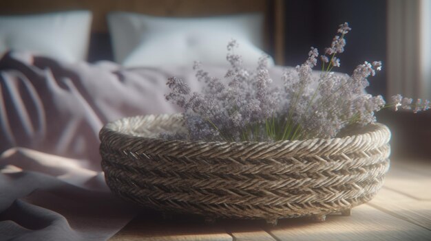 Ein Korb mit Lavendel steht auf einem Tisch vor einem Bett.