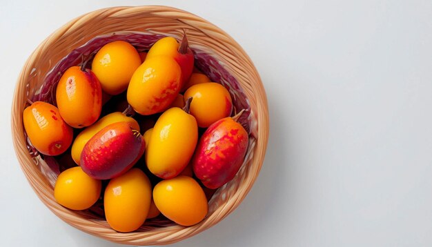 Ein Korb mit Mangos auf weißem Hintergrund