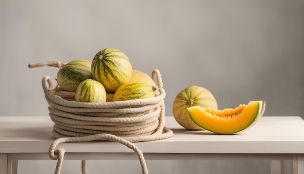 ein Korb mit Melonen und Melonen auf einem Tisch