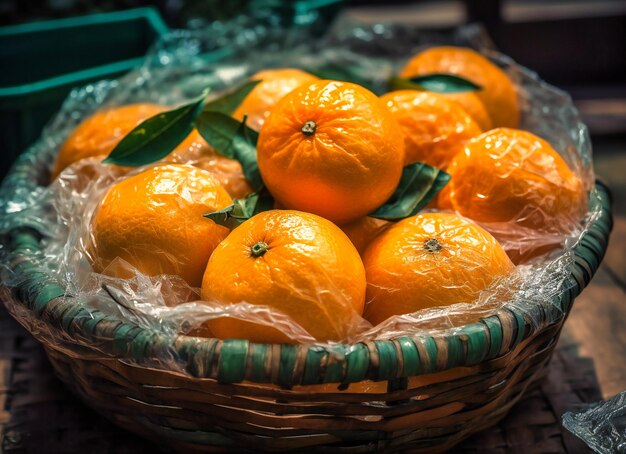 ein Korb mit Orangen in einer Plastikfolie