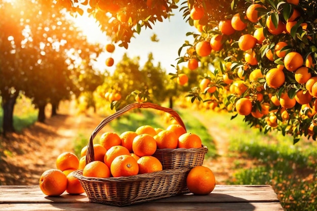 ein Korb mit Orangen sitzt vor einem Orangenbaum