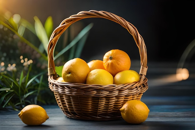 ein Korb mit Orangen und Zitronen auf einem Tisch.