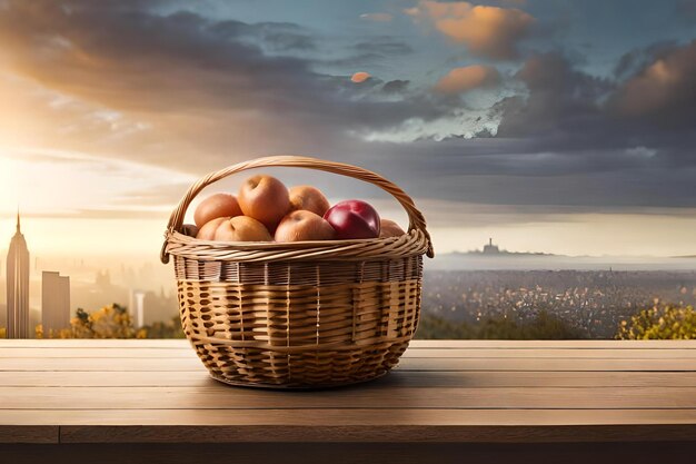 Ein Korb mit Äpfeln steht auf einem Tisch mit Blick auf eine Stadt im Hintergrund.