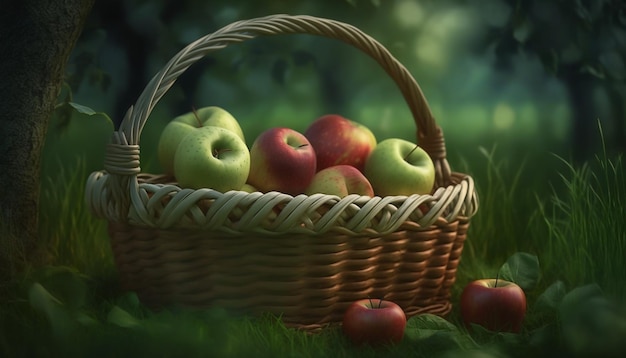 Ein Korb mit Äpfeln steht im Gras mit grünem Hintergrund.