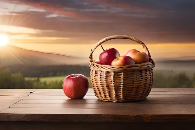 ein Korb mit Äpfeln und ein Sonnenuntergang im Hintergrund