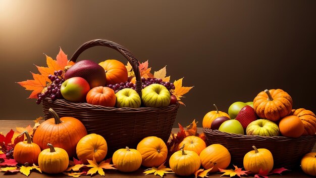 ein Korb mit Äpfeln und Kürbissen mit Herbstblättern auf einem Tisch.