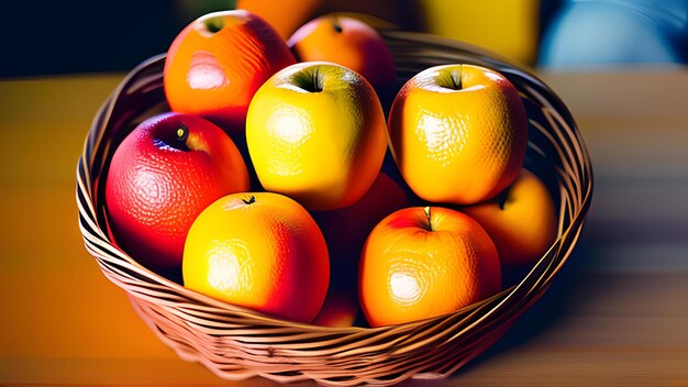 Ein Korb mit Äpfeln und Orangen auf einem Tisch