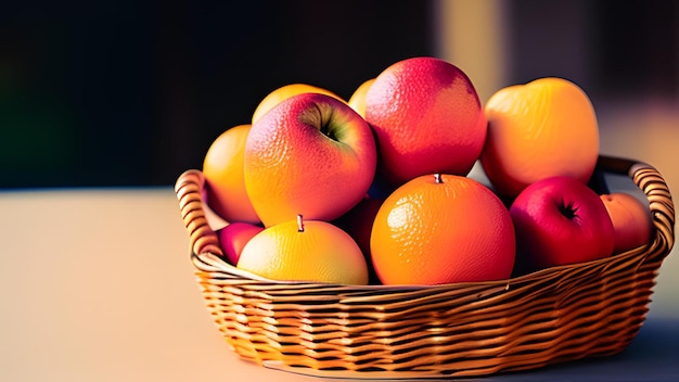 Ein Korb mit Äpfeln und Orangen auf einem Tisch