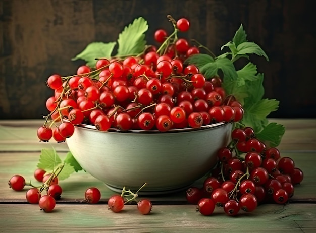 Ein Korb mit reifen Himbeeren auf einem Holztisch in einem Garten, der mit generativer KI-Technologie erstellt wurde