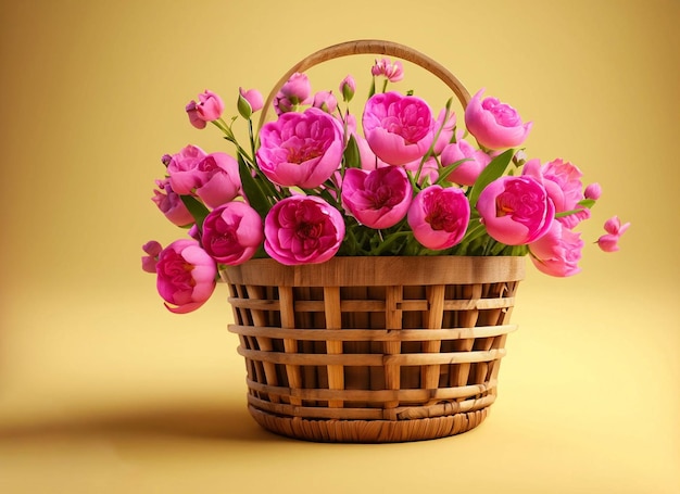 Ein Korb mit rosa Blumen mit einem Griff, auf dem „Tulpen“ steht.