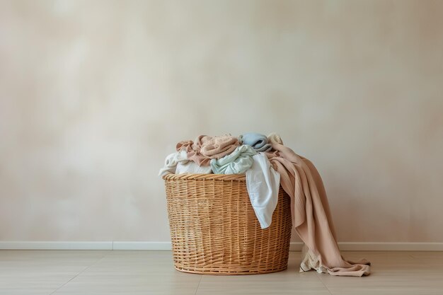 Foto ein korb mit schmutziger wäsche auf dem boden gegen eine helle wand