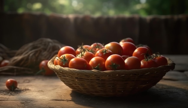 Ein Korb mit Tomaten auf einem rustikalen Tisch mit Tomatenfeld Hintergrund Generative KI