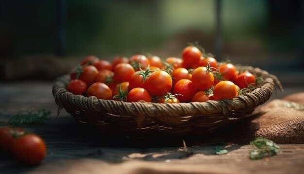 Ein Korb mit Tomaten auf einem rustikalen Tisch mit Tomatenfeld Hintergrund Generative KI