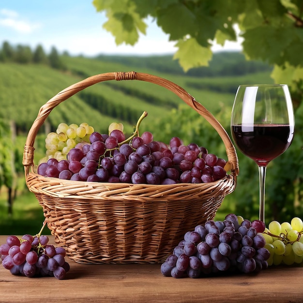 ein Korb mit Trauben und ein Glas Wein auf einem Tisch