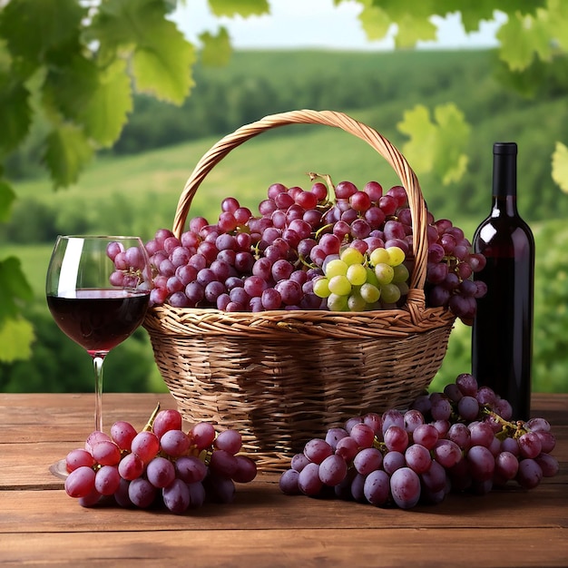 ein Korb mit Trauben und eine Flasche Wein auf einem Tisch