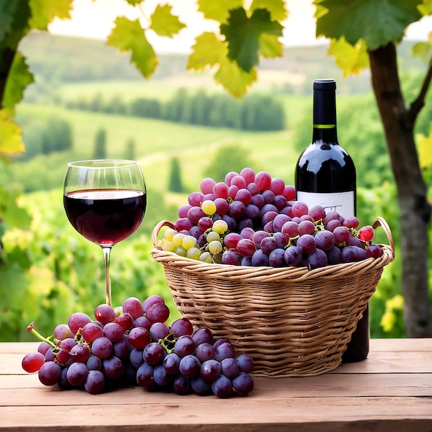 ein Korb mit Trauben und eine Flasche Wein auf einem Tisch