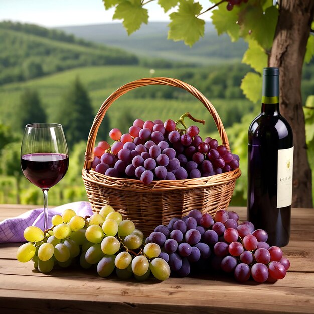 ein Korb mit Trauben und eine Flasche Wein neben einem Korb mit Graben