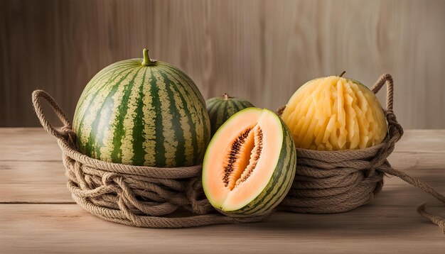 ein Korb mit Wassermelone und Melone mit einem Korb mit Früchten