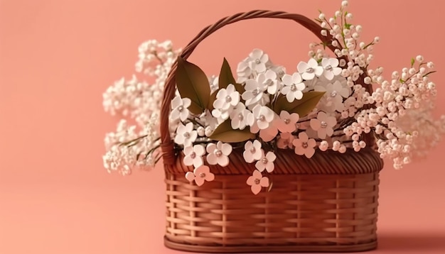 Ein Korb mit weißen Blumen mit einem Griff und einem Weidenkorb mit weißen Blumen.