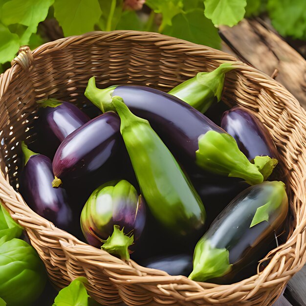 ein Korb purpurfarbener Aubergine mit grünen Paprika