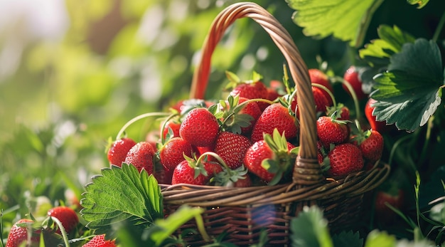 Ein Korb reife Erdbeeren an einem sonnigen Tag