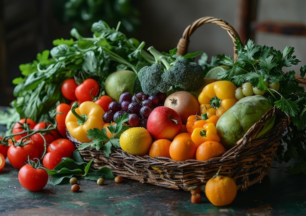 Ein Korb überfüllt mit einer vielfältigen Auswahl an frischem Obst und Gemüse, das die üppige Ernte der Natur zeigt