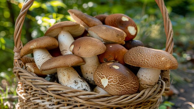 Ein Korb überfüllt mit frisch gefütterten Porcini-Pilzen eine reichliche Ernte vom Waldboden