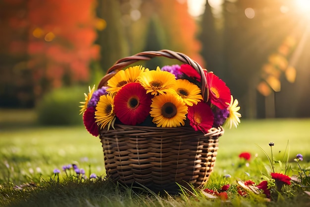ein Korb voller Blumen mit der Sonne dahinter