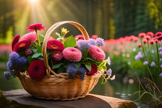 ein Korb voller Blumen mit der Sonne im Rücken