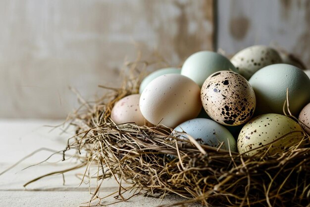 Ein Korb voller Eier im Nest auf einem weißen Tisch