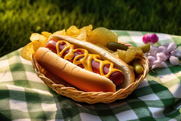 Ein Korb voller Essen mit einem Hotdog und Pommes auf einem Tisch.