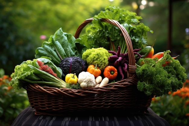 Ein Korb voller frisch geerntetem Gemüse in einem Garten, der mit generativer KI angelegt wurde