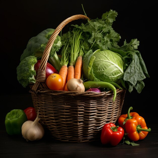 Ein Korb voller frisches Gemüse auf schwarzem Hintergrund Generative KI