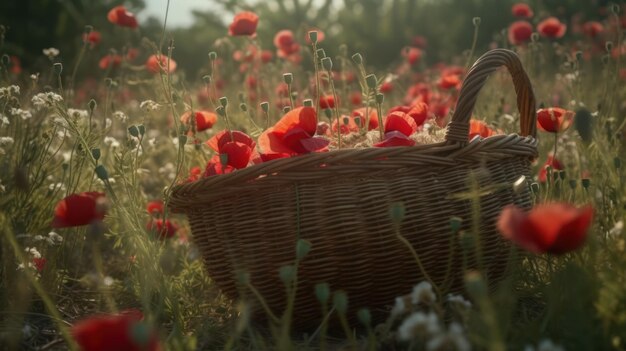 Ein Korb voller Mohnblumen steht auf einem Feld