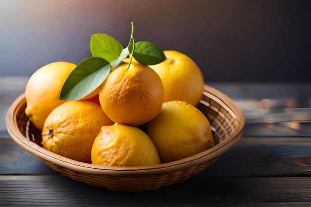 Ein Korb voller Orangen mit einem grünen Blatt oben drauf.