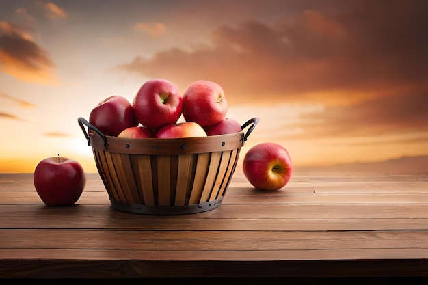 Ein Korb voller Äpfel auf einem Tisch mit einem Sonnenuntergang im Hintergrund