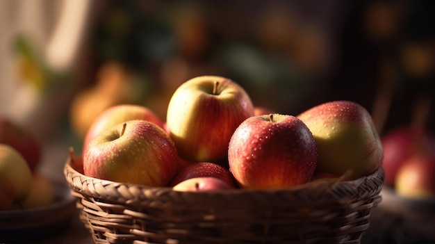 Ein Korb voller Äpfel mit dem Wort Apfel auf dem Boden