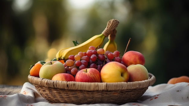 Ein Korb voller verschiedener Früchte, darunter Bananen, Äpfel und Weintrauben