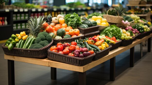 Ein Korbständer aus Weidenharz in der Obst- und Gemüseabteilung eines Supermarkts