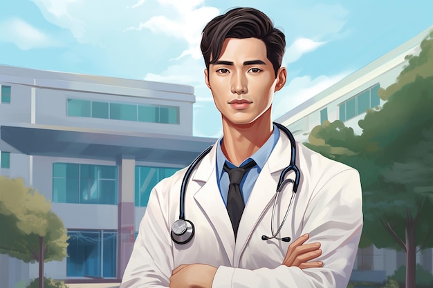 ein koreanischer Arzt oder Gesundheitshelfer, der einen weißen Kittel trägt und ein Stethoskop vor einem Krankenhaus hält b