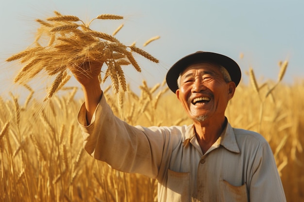 Ein koreanischer Bauer sammelt glücklich goldene Weizenähren auf dem Feld